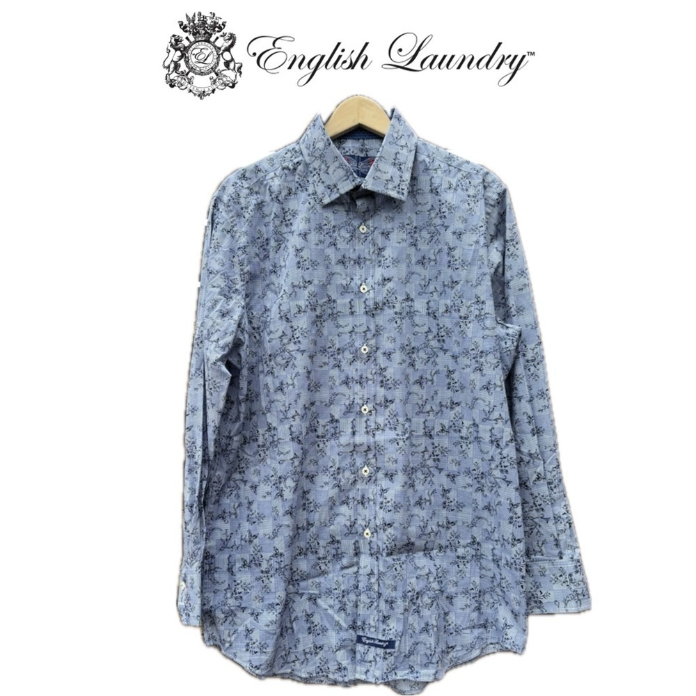 English Laundry Men's Blue Floral Ivy Print Button Down Shirt Size 17 34/35
